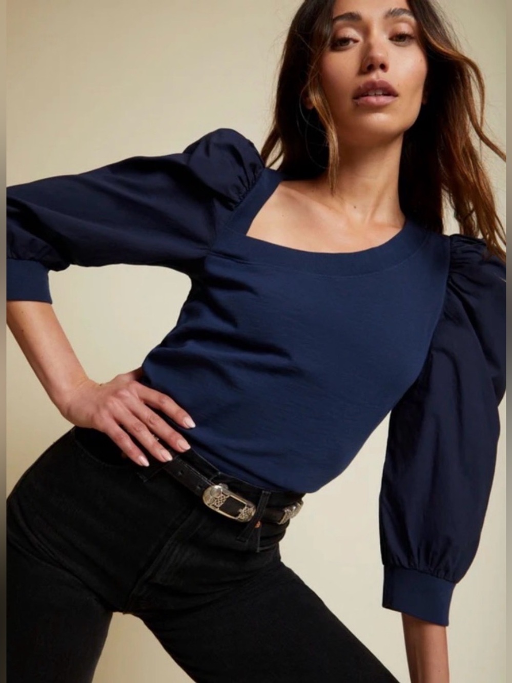 Nation LTD Tori Asymmetrical Neckline Puff Sleeve Top Night Horizon Navy Blue XS